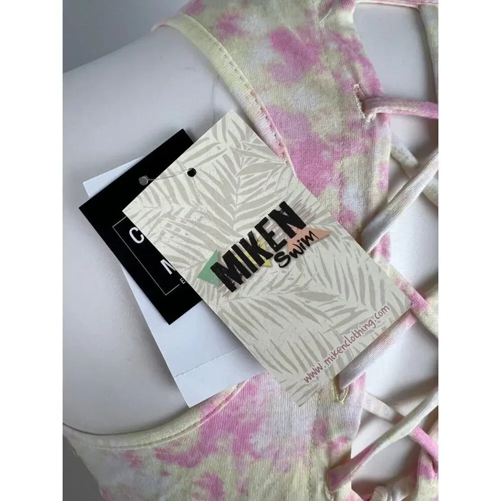 Miken Swim Yellow Pink Tie Dye Gold Beach Print Swim Cover Up Small